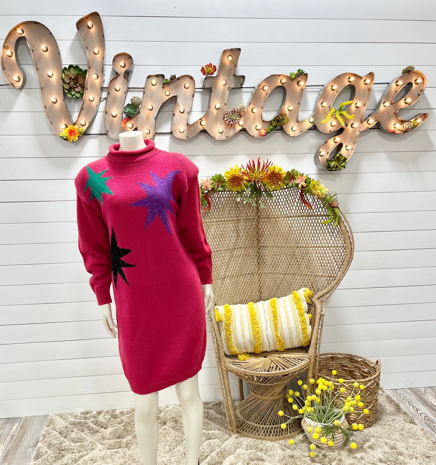 Totally 80s Hot Pink Knit Dolman Star Metallic Slouchy Sweater Dress