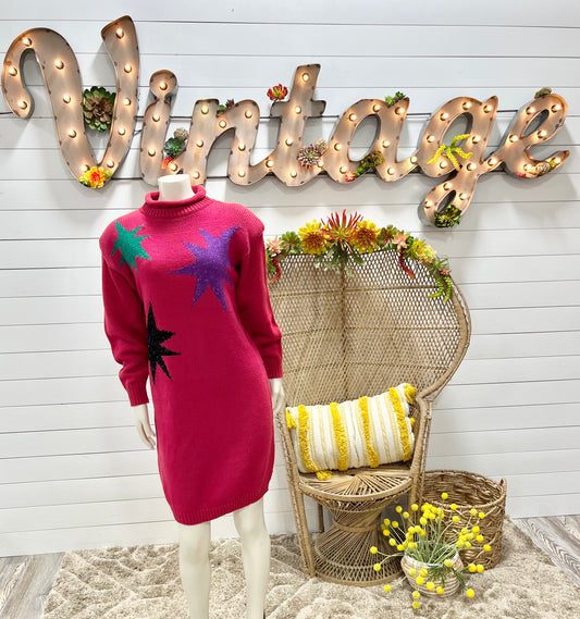 Totally 80s Hot Pink Knit Dolman Star Metallic Slouchy Sweater Dress