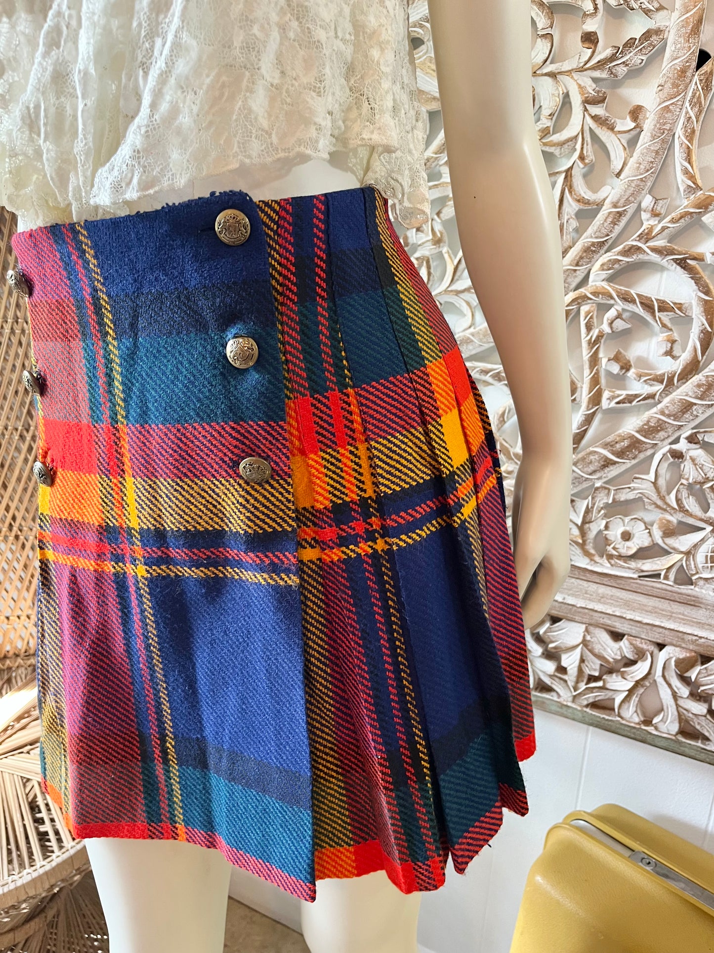 Vintage 60s Retro Mod Mini Plaid Wool Skirt XS