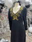 60s Gold Metallic Black Embroidered Vintage Maxi Dress L/XL