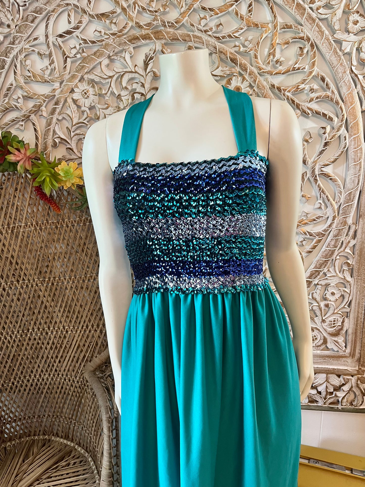 Late 70s Disco Ombre Sequin Vintage Retro Maxi Dress