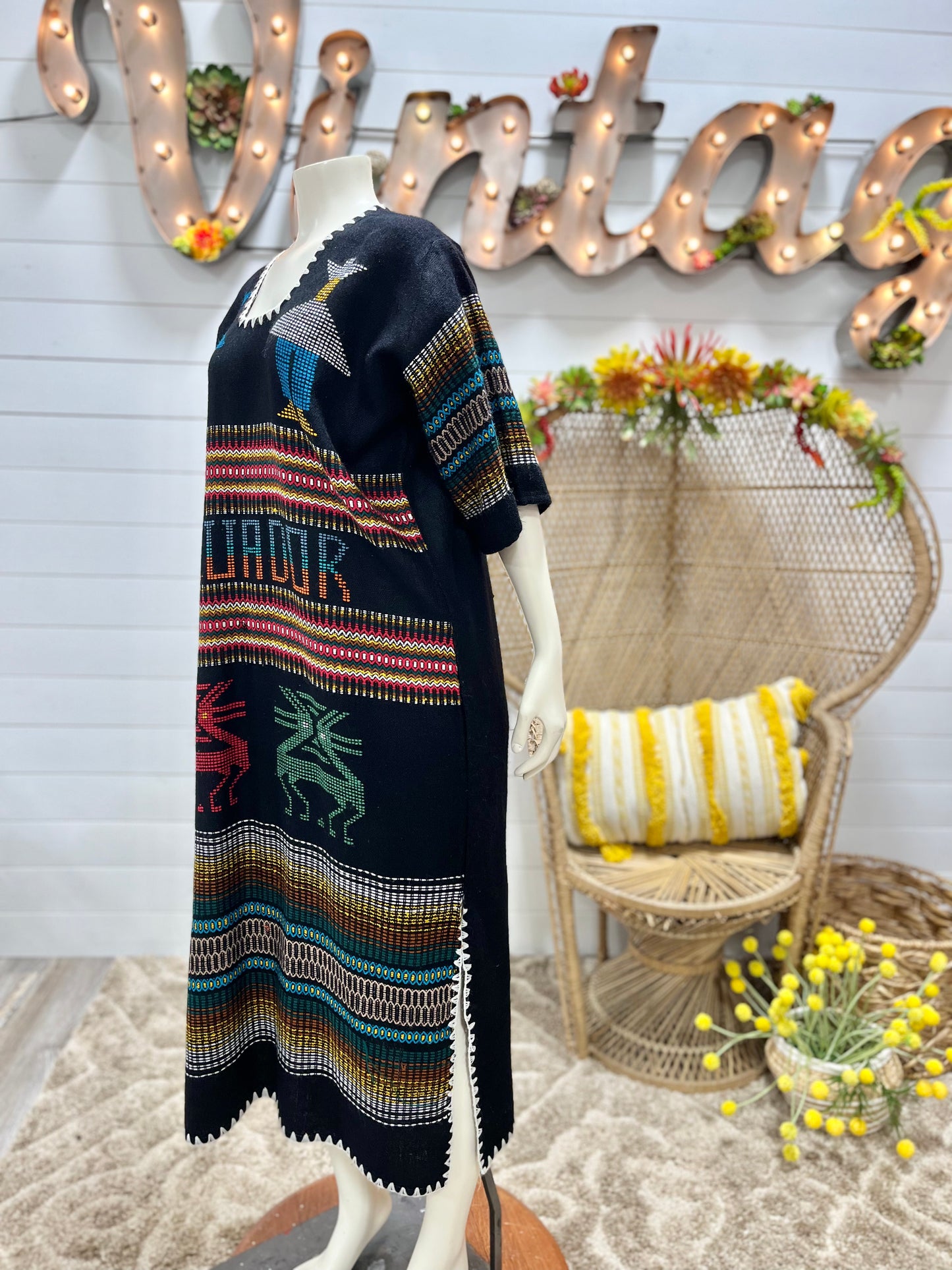 70s Vintage Ecuador Hand Embroidered Tourist Wool Mumu Dress