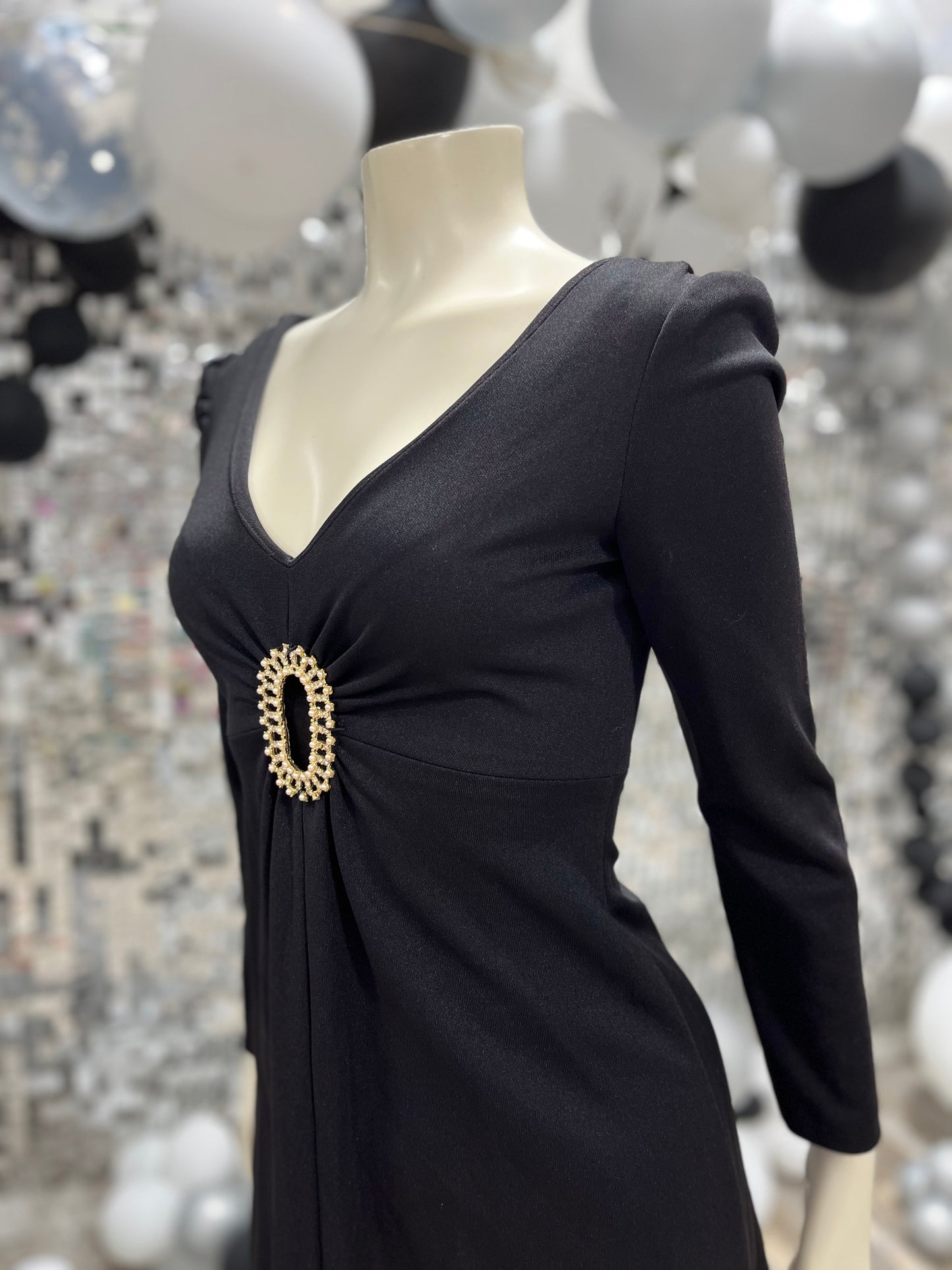 Vintage 70s Medallion Black Mini Party Cocktail Dress XS/S