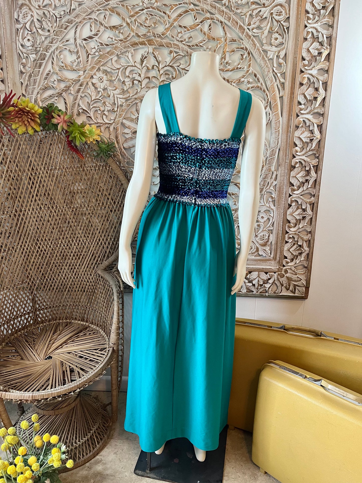 Late 70s Disco Ombre Sequin Vintage Retro Maxi Dress