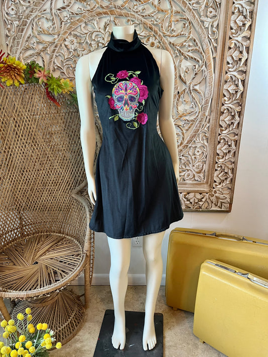 Day of the Dead Embroidered Skull 70s Black Halter Mini Dress