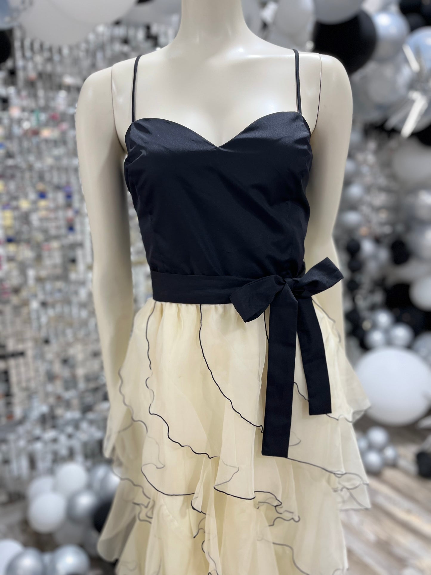 Vintage 70s Black Ivory Tiered Ruffle Cocktail Party Dress L