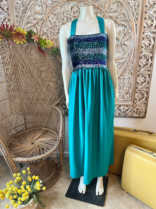 Late 70s Disco Ombre Sequin Vintage Retro Maxi Dress