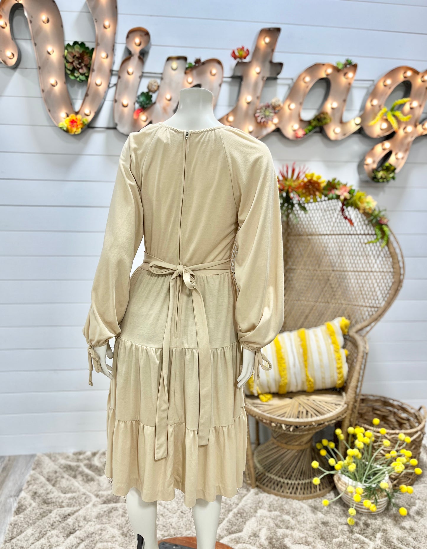 70s Tan Tiered Ruffle Boho Vintage Tie Midi Dress