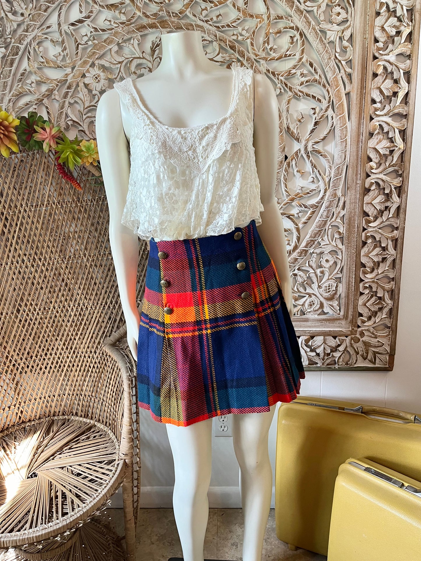 Vintage 60s Retro Mod Mini Plaid Wool Skirt XS