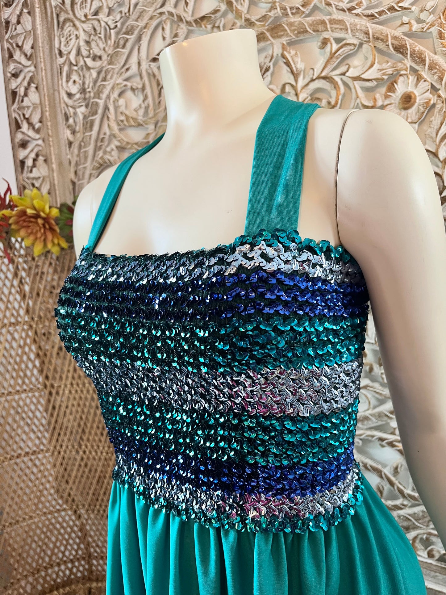 Late 70s Disco Ombre Sequin Vintage Retro Maxi Dress