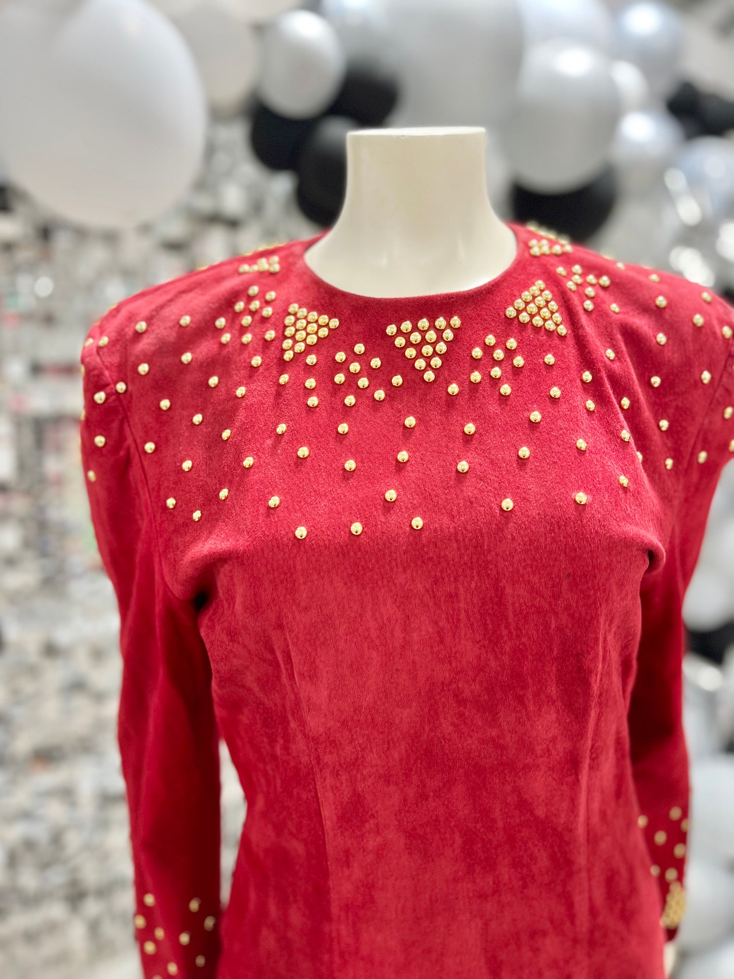 80s Studded Suede Neiman Marcus Red Party Vintage Mini Dress