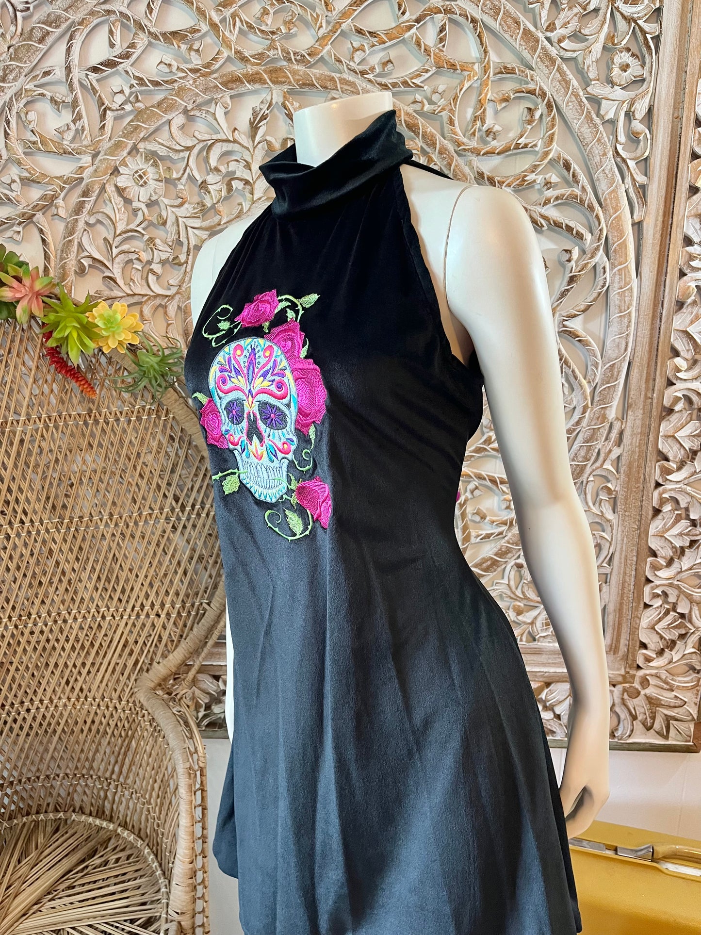 Day of the Dead Embroidered Skull 70s Black Halter Mini Dress