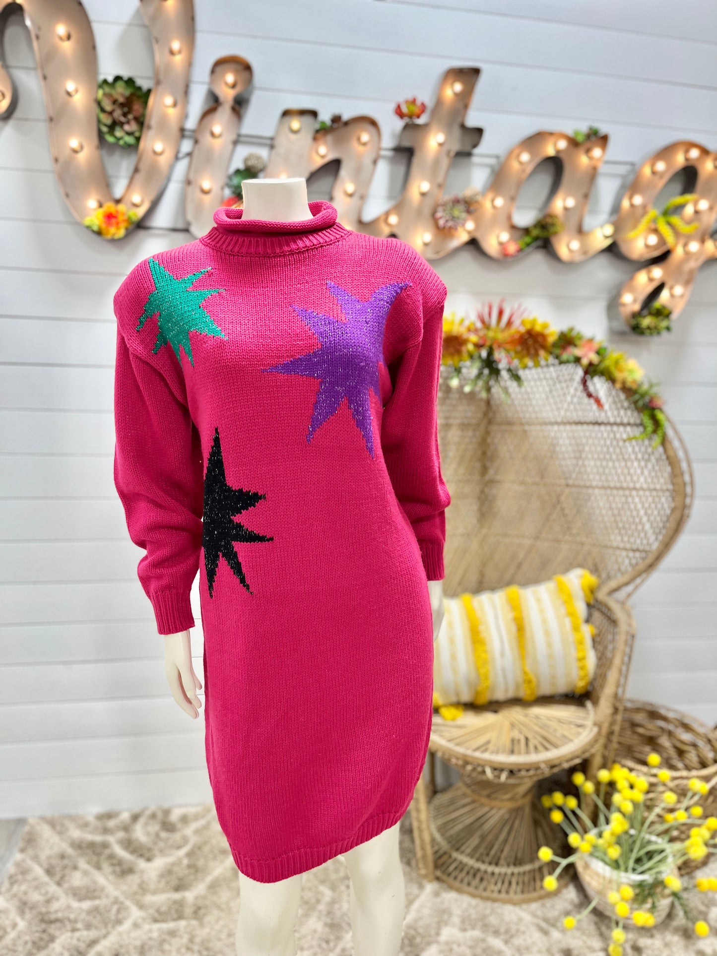 Totally 80s Hot Pink Knit Dolman Star Metallic Slouchy Sweater Dress