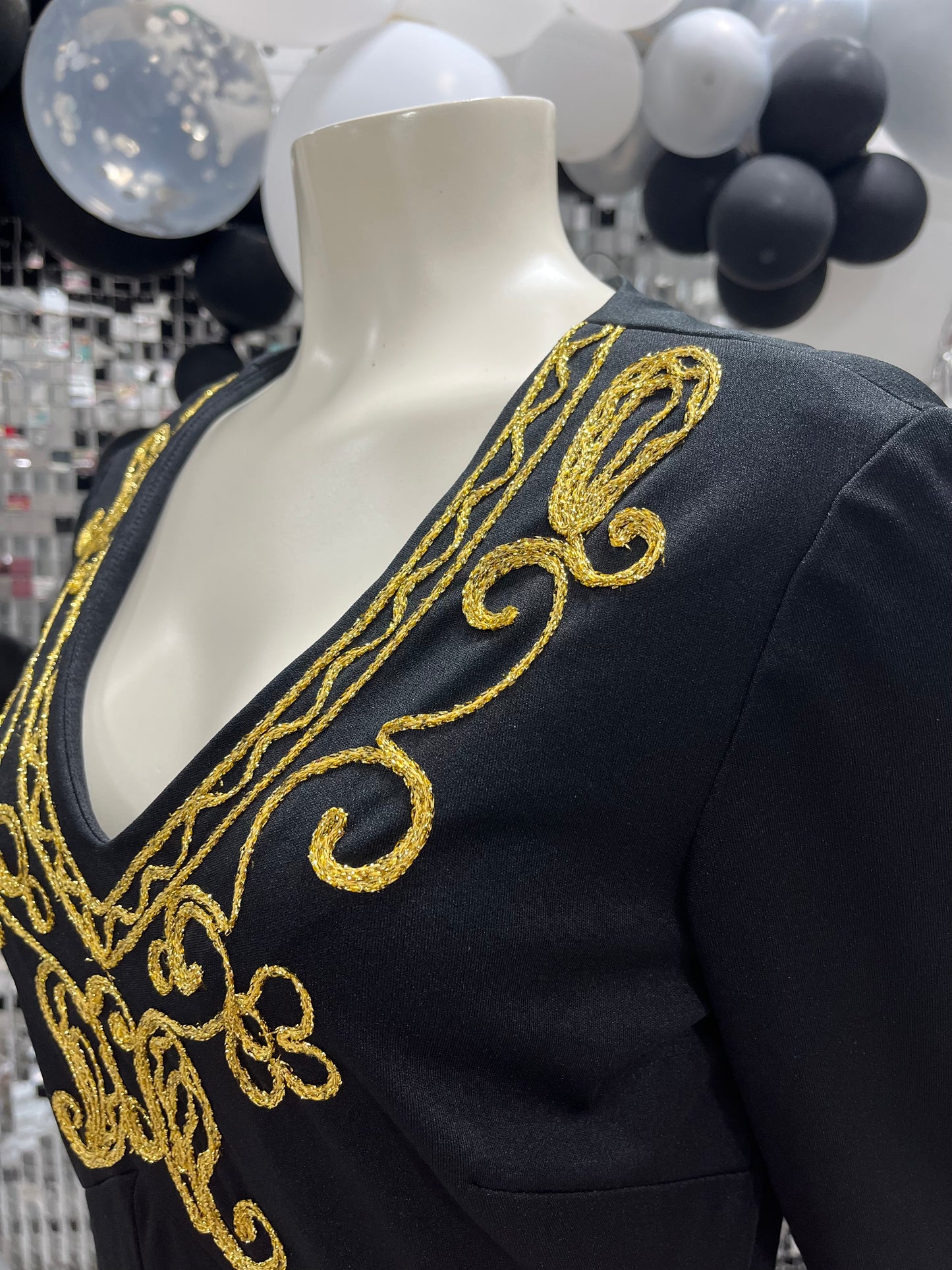60s Gold Metallic Black Embroidered Vintage Maxi Dress L/XL