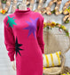 Totally 80s Hot Pink Knit Dolman Star Metallic Slouchy Sweater Dress