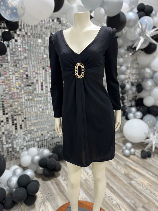 Vintage 70s Medallion Black Mini Party Cocktail Dress XS/S