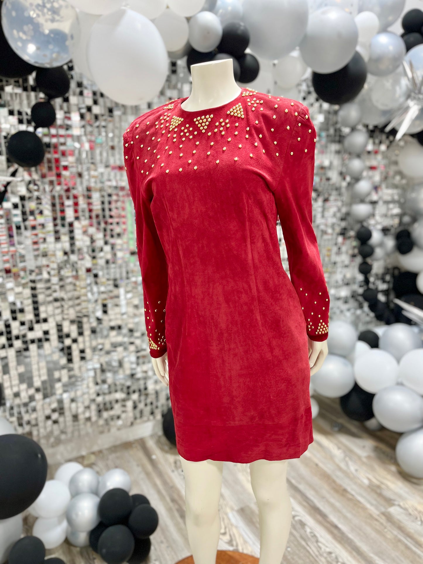 80s Studded Suede Neiman Marcus Red Party Vintage Mini Dress