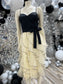 Vintage 70s Black Ivory Tiered Ruffle Cocktail Party Dress L