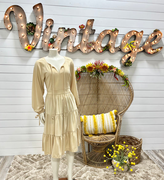 70s Tan Tiered Ruffle Boho Vintage Tie Midi Dress