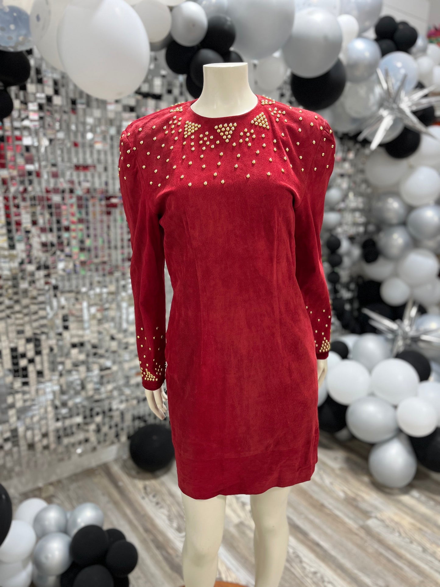 80s Studded Suede Neiman Marcus Red Party Vintage Mini Dress