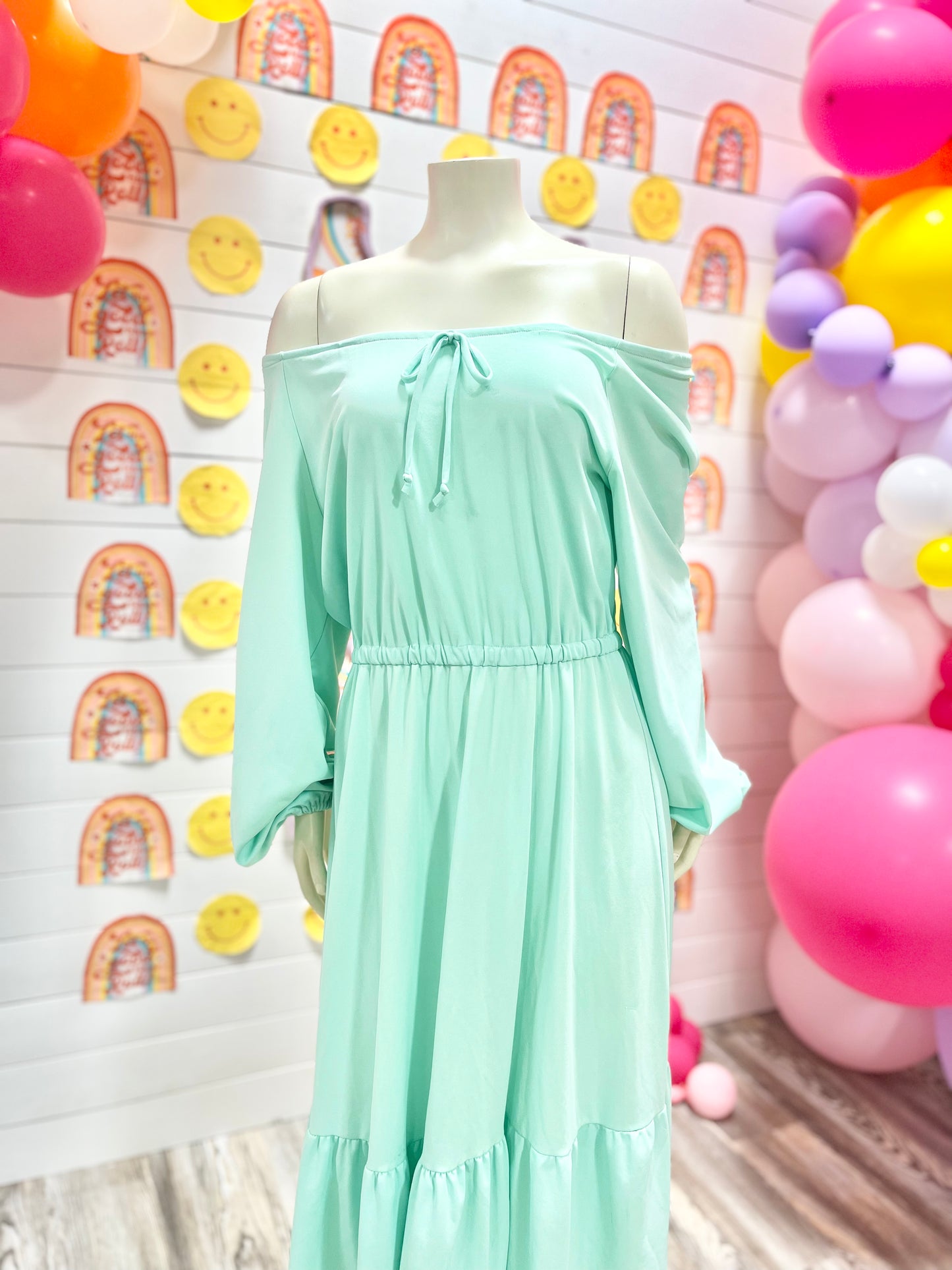 70s Tiered Ruffle Mint Green Hippie Off the Shoulder Midi dress