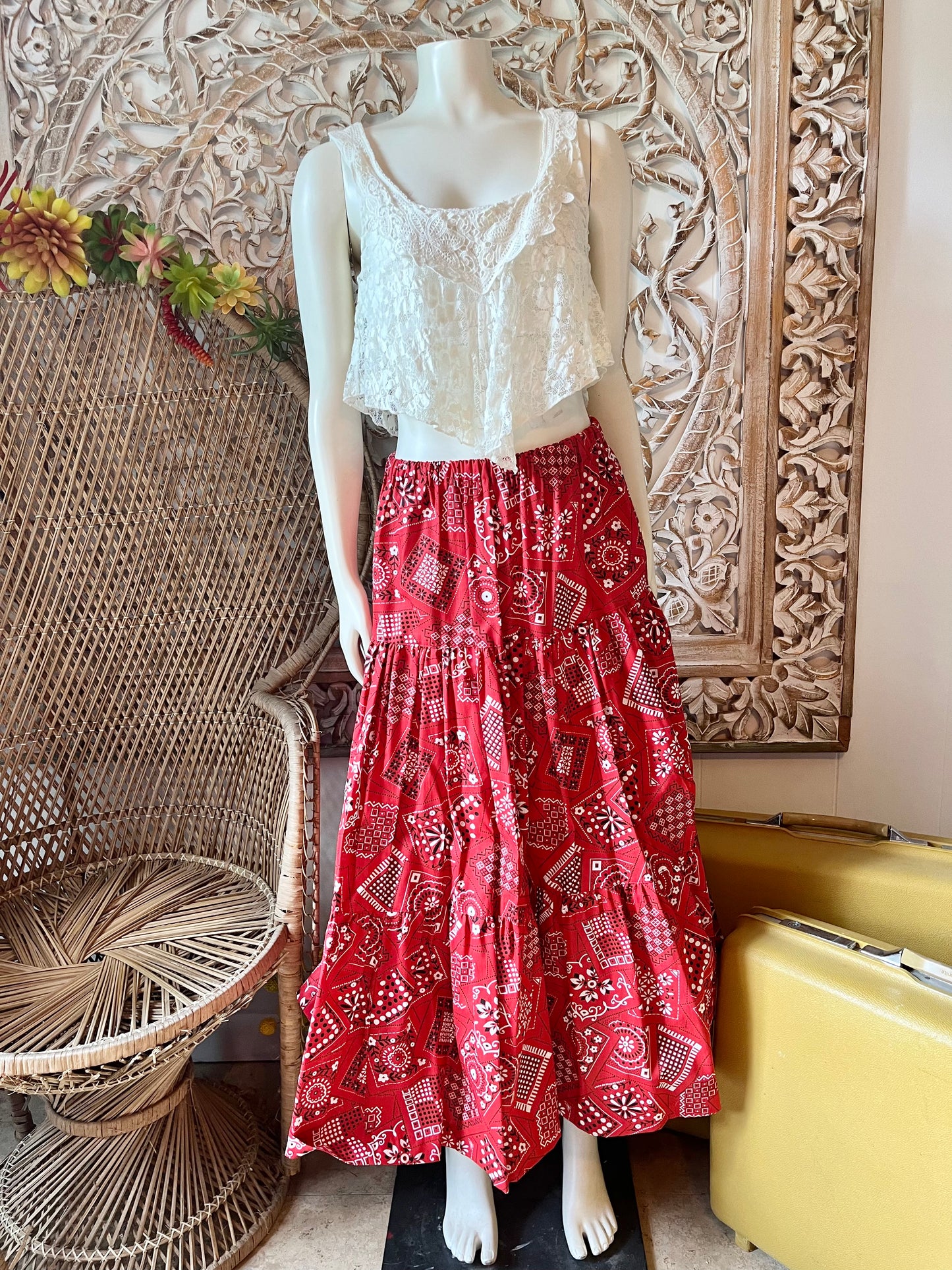 Vintage 70s Bandana Tiered Ruffle Maxi Skirt L-XL