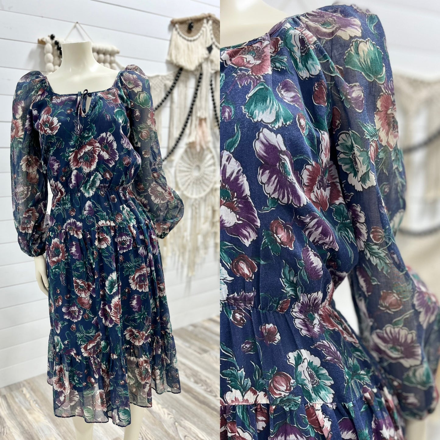 Vintage 70s Sheer Floral Flowing Tiered Ruffle Blue Hippie Dress