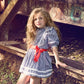 Girls 70s Plaid Cottage Core Puff Sleeve Lace Vintage Mini Dress