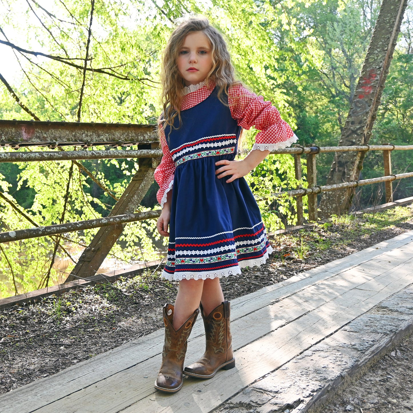 70s Lace and Floral Navy Blue Hippie Gingham Girls Vintage Dress