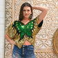 70s Vintage Emerald Gold Butterfly Sequin and Silk Shirt