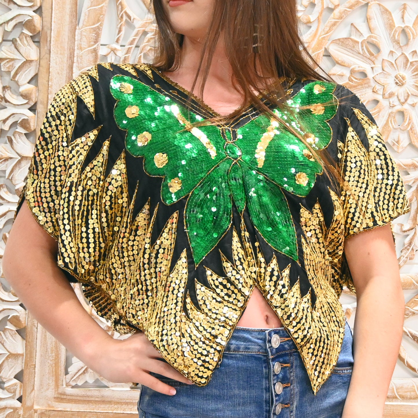 70s Vintage Emerald Gold Butterfly Sequin and Silk Shirt