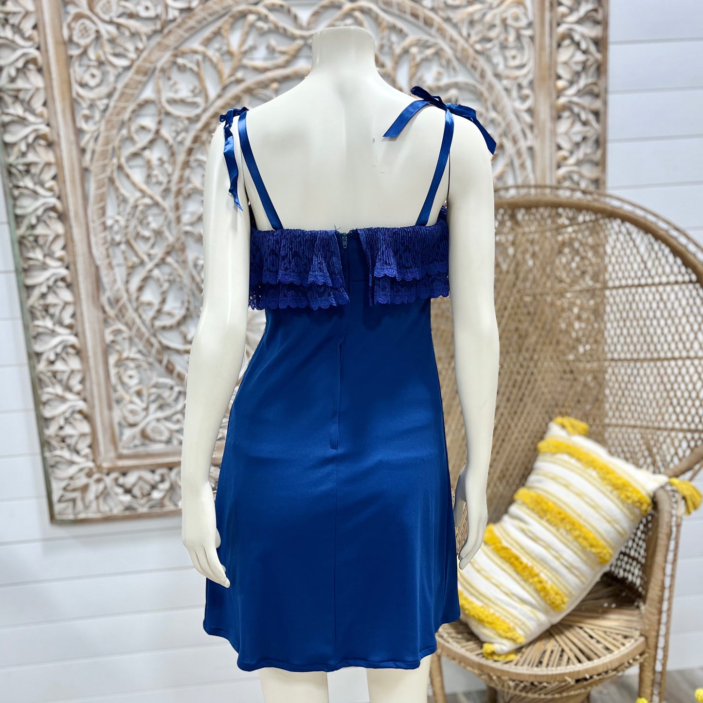 70s Pleated Lace Sexy Blue Empire Mini Vintage Dress XS/S