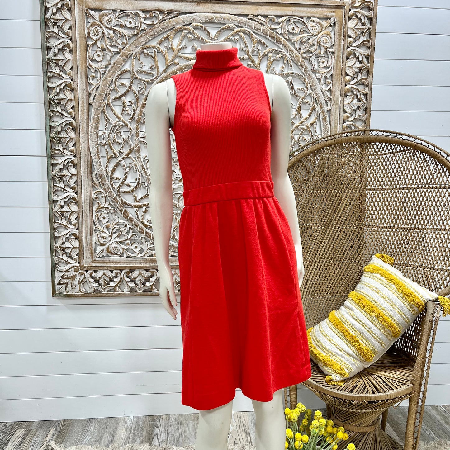 Vintage 70s Red Ribbed High Collar Sexy Secretary Mini Dress S