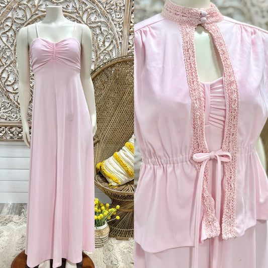 Vintage 70s Baby Pink Empire Maxi Dress and Jacket S