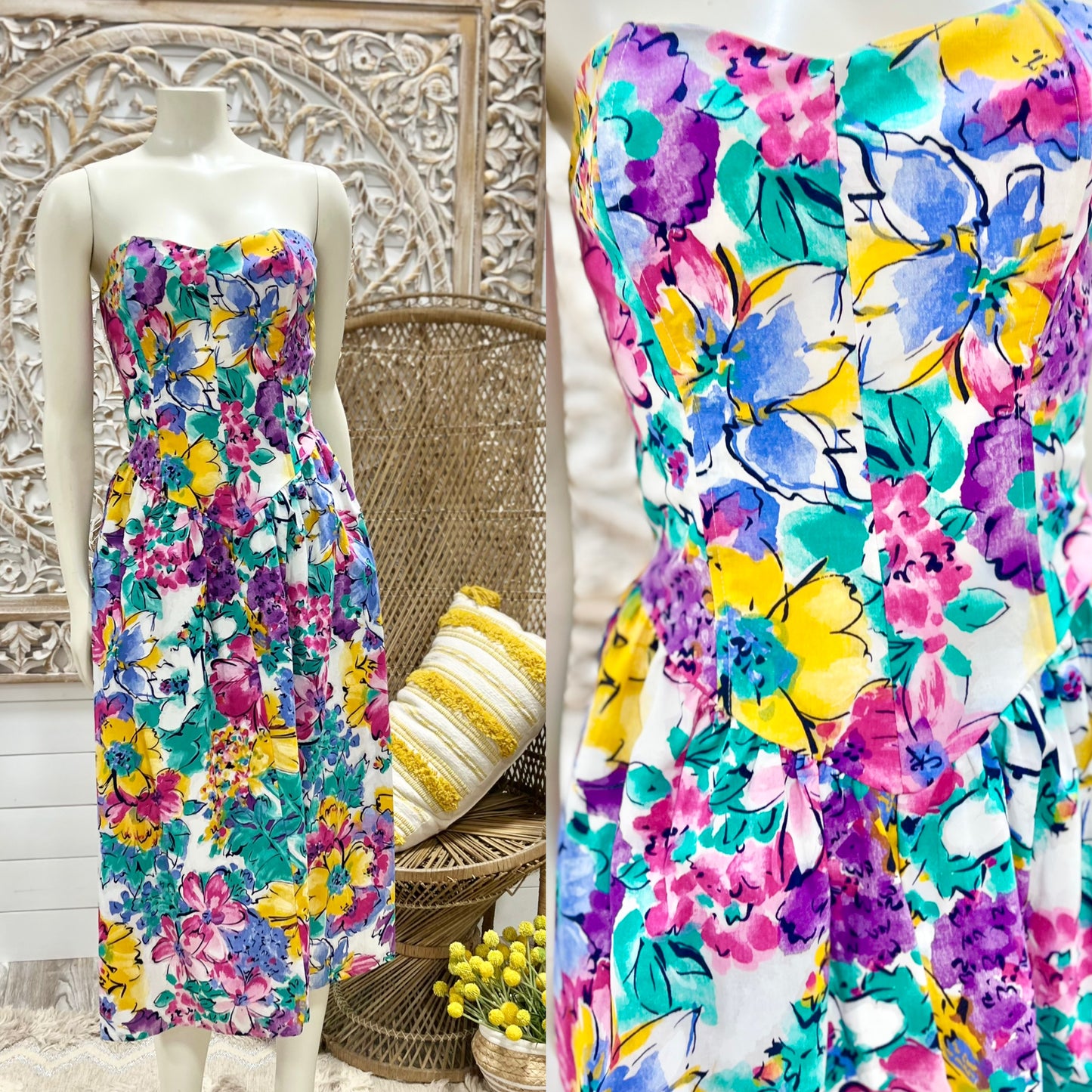 Vintage 80s Smocked Spring Colorful Floral Sun Dress M/L
