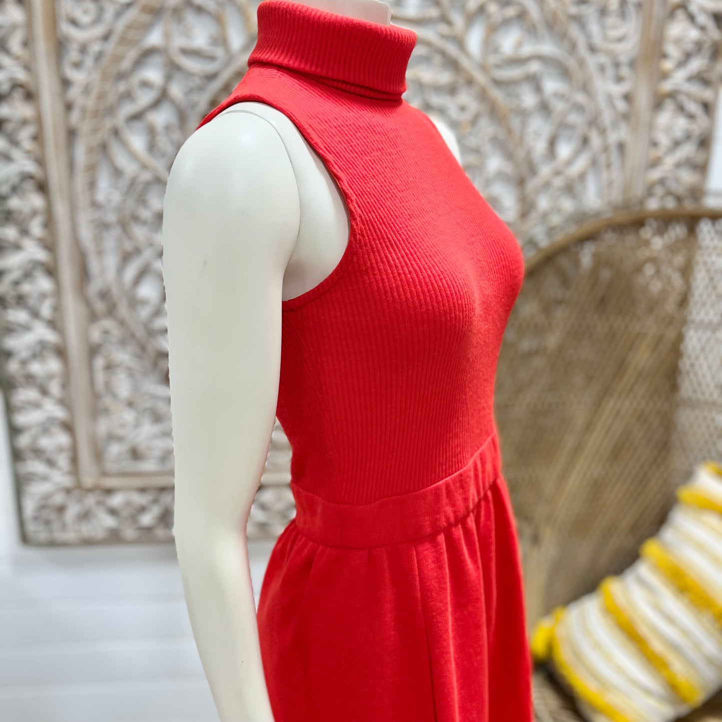 Vintage 70s Red Ribbed High Collar Sexy Secretary Mini Dress S