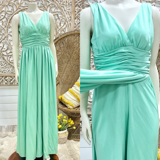 Vintage 70s Mint Green Ruched Cummerbund Dress Palazzo Jumpsuit S