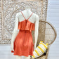 70s Vintage Embroidered Flower Trim Boho Orange Mini Dress XXS