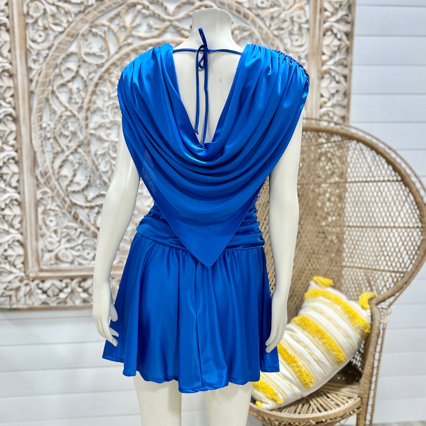 80s Vintage Electric Blue Gathered Draped Mini Party Dress M