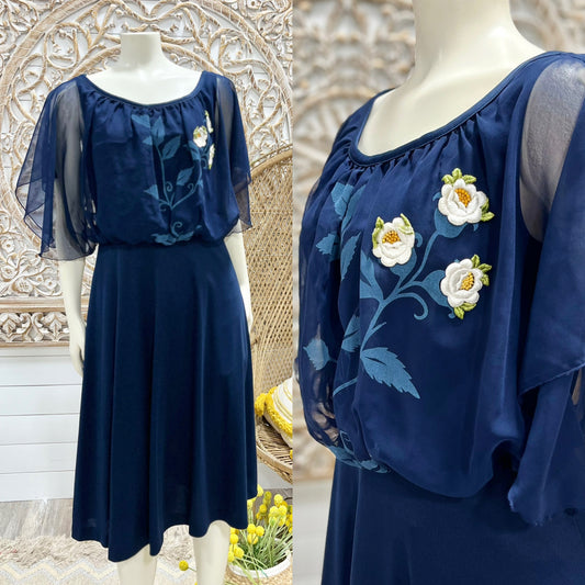 70s Floral Vintage Flutter Sleeve Navy Blue Sheer Boho Midi Dress M