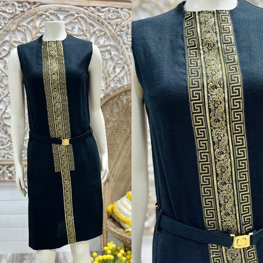 Vintage 1960s Mod Rosecrest Greek Key Black Gold Metallic Dress M