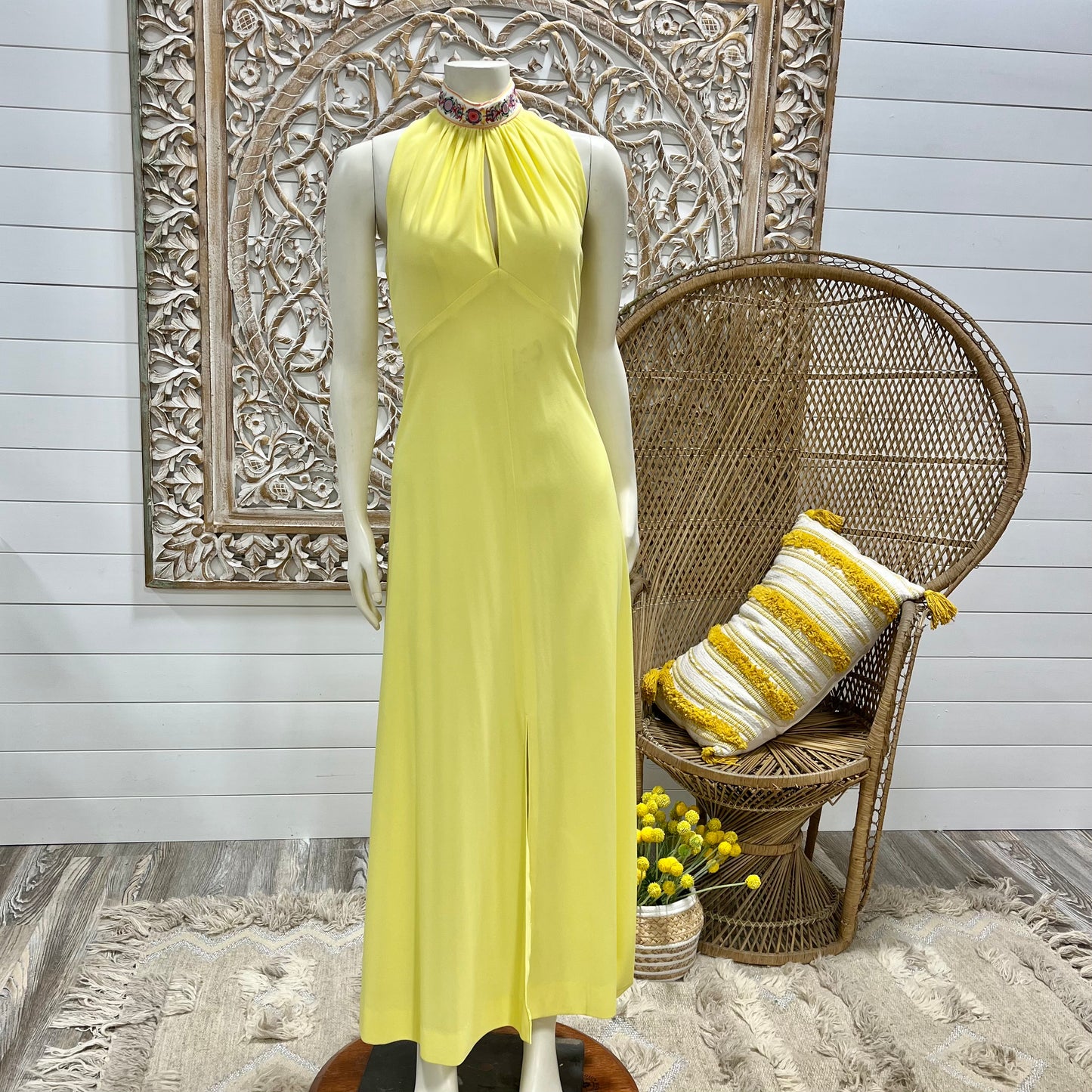 70s Sexy Yellow High Collar Jacquard Halter Hippie Vintage Maxi Dress