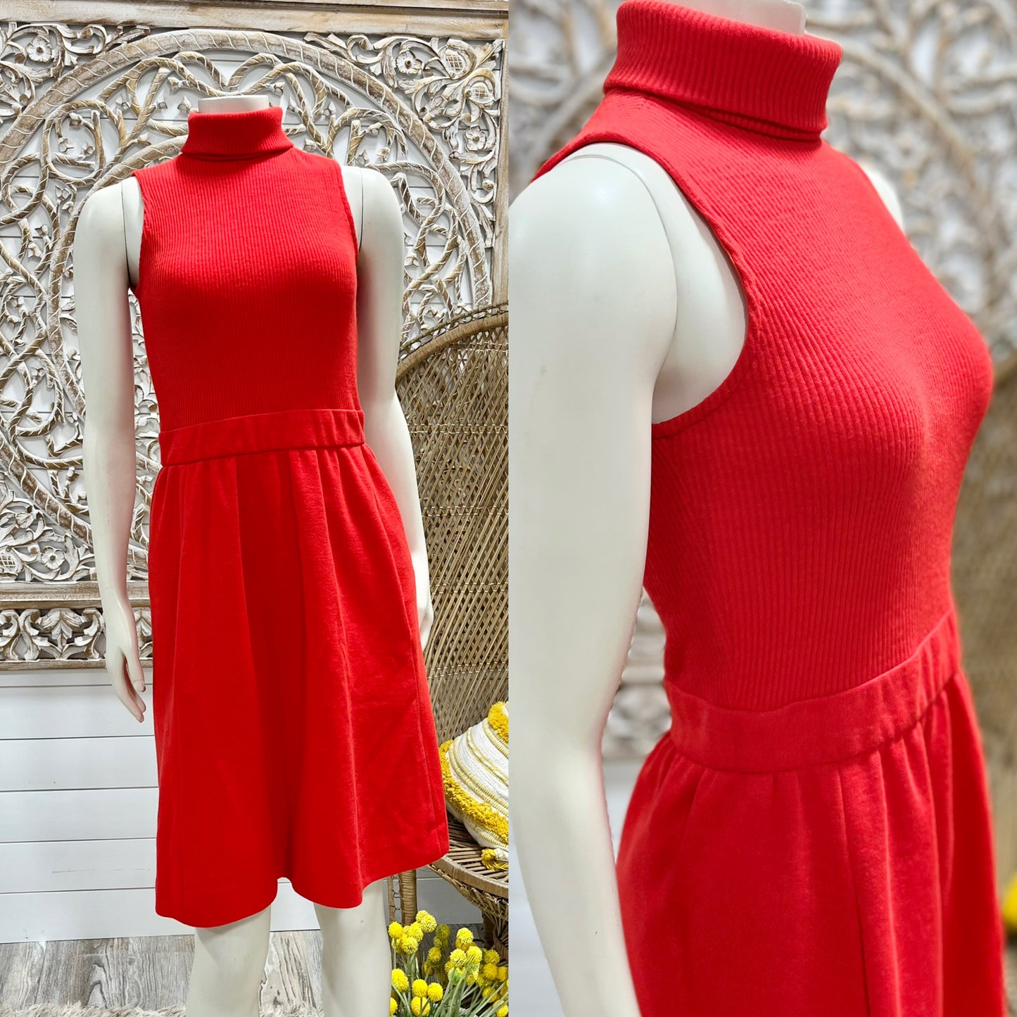 Vintage 70s Red Ribbed High Collar Sexy Secretary Mini Dress S