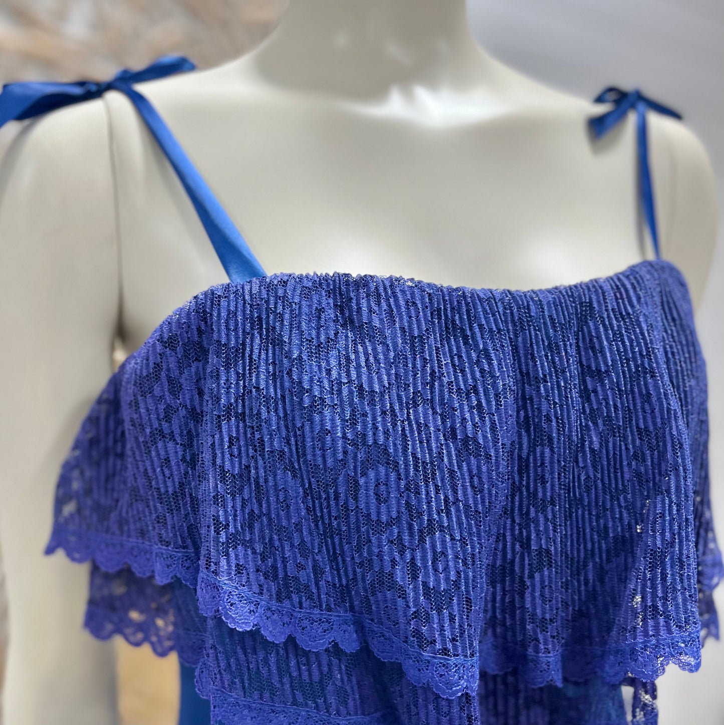 70s Pleated Lace Sexy Blue Empire Mini Vintage Dress XS/S