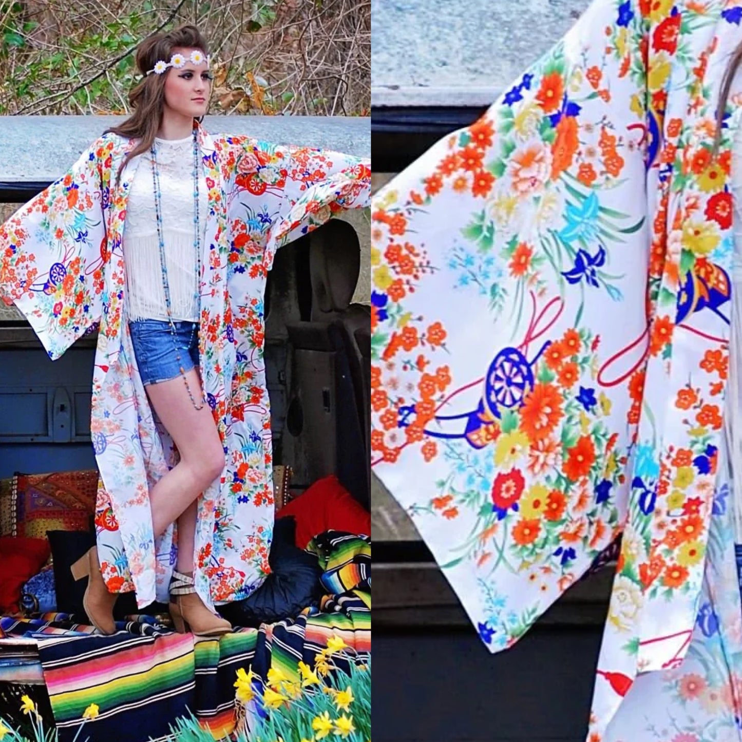 Vintage 70s Asian Floral Print Rickshaw Wrap Kimono Duster