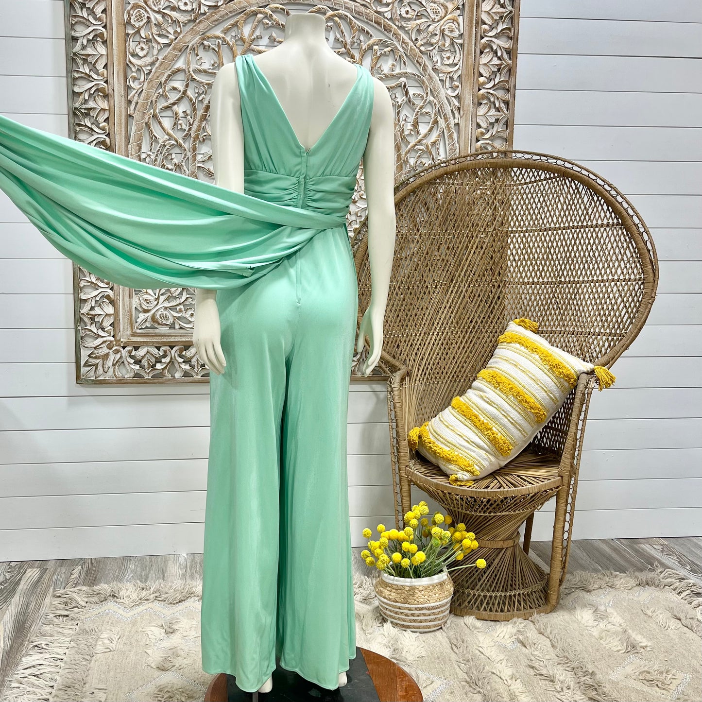 Vintage 70s Mint Green Ruched Cummerbund Dress Palazzo Jumpsuit S