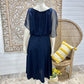 70s Floral Vintage Flutter Sleeve Navy Blue Sheer Boho Midi Dress M