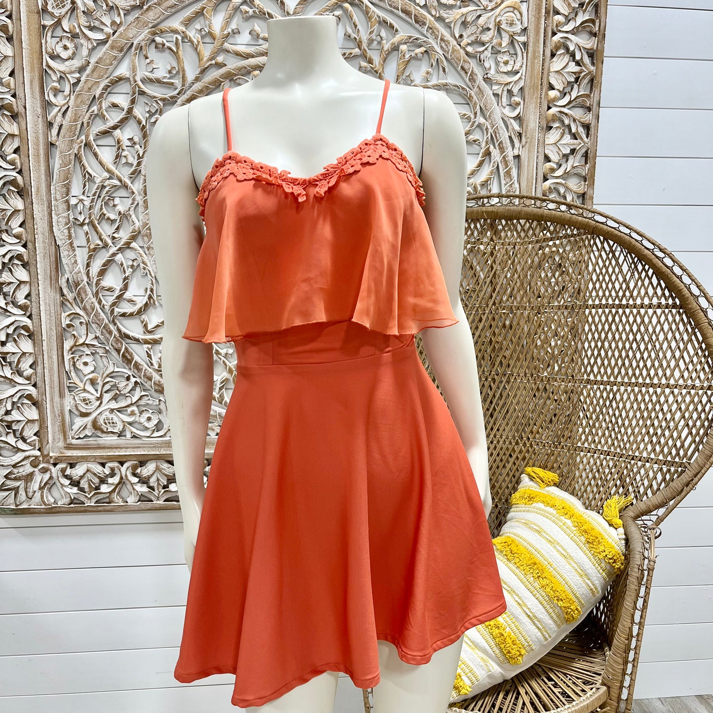 70s Vintage Embroidered Flower Trim Boho Orange Mini Dress XXS