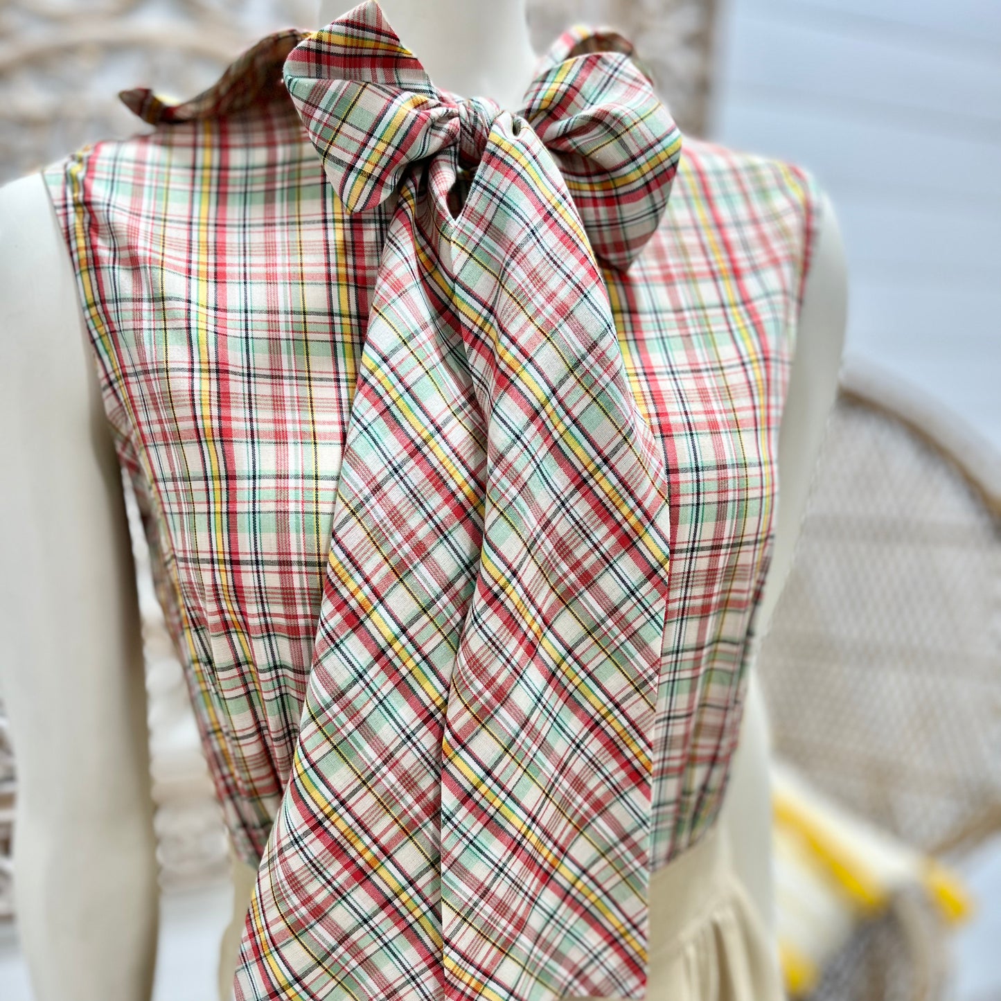 Vintage 70s Plaid Ascot Bow Tie Neck Earth Tone Mini Dress XXS