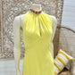 70s Sexy Yellow High Collar Jacquard Halter Hippie Vintage Maxi Dress